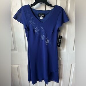 NWT Vintage Sapphire Blue Asymmetrical Floral Beaded Dress - Size 6P